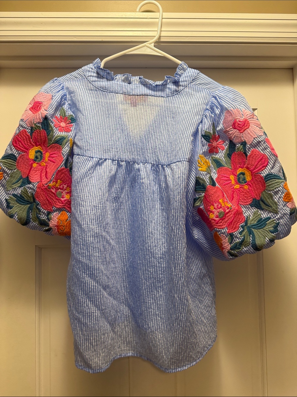 THML Light Blue Striped Peasant Top with Pink & Coral Floral Embroidery - Picture 2 of 2